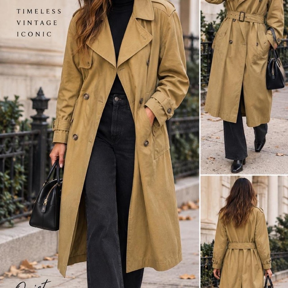 Vintage Hugo Boss Long Trench Coat 100% Cotton Tan Belted Quiet Luxury Old Money